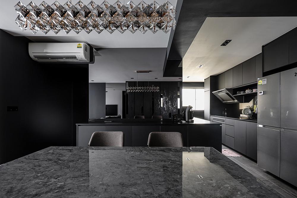 Modern Dining Room with Mirror and Open Kitchen