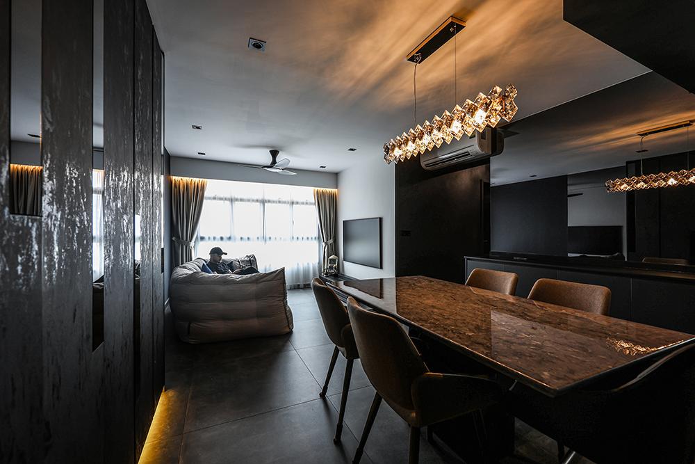 Modern Dining Room with Homogeneous Tiles and Mirror