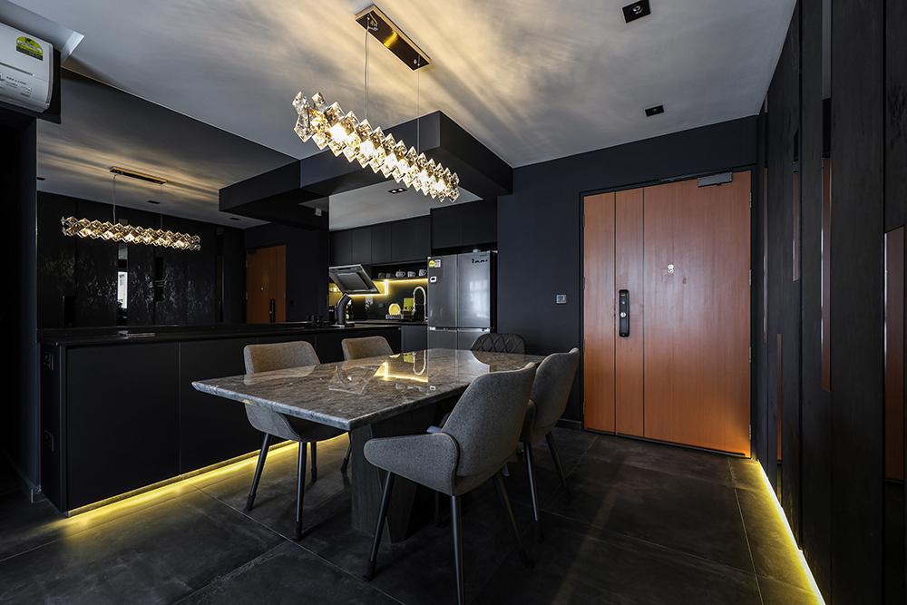Modern Dining Room with Homogeneous Tiles and Mirror