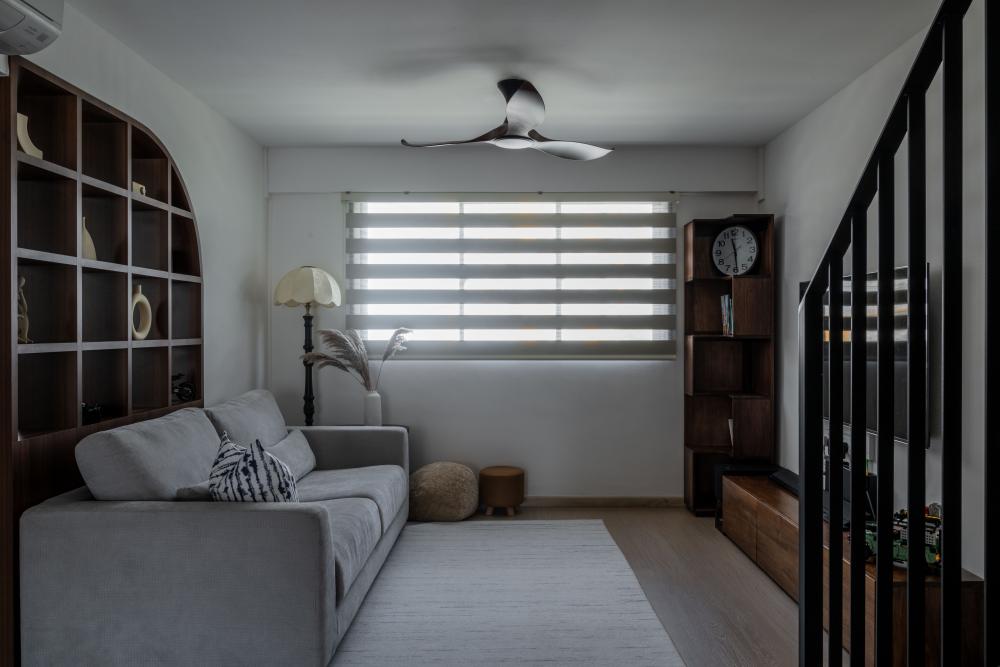 Contemporary Living Room with Bookshelf and TV Console