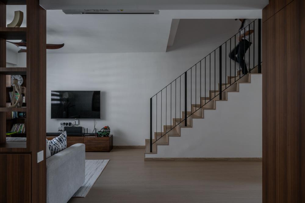 Contemporary Living Room with Bookshelf and TV Console