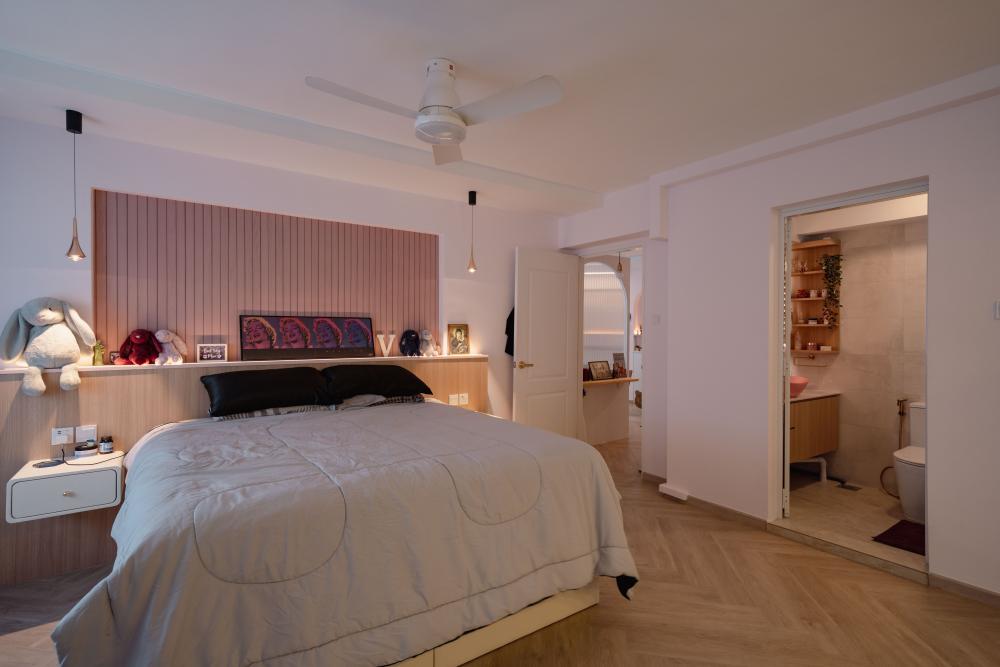 Country Bedroom with Herringbone Tiling and Built-in Bed
