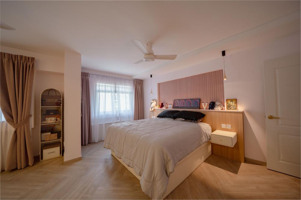Country Bedroom with Vinyl Flooring and Built-in Bed