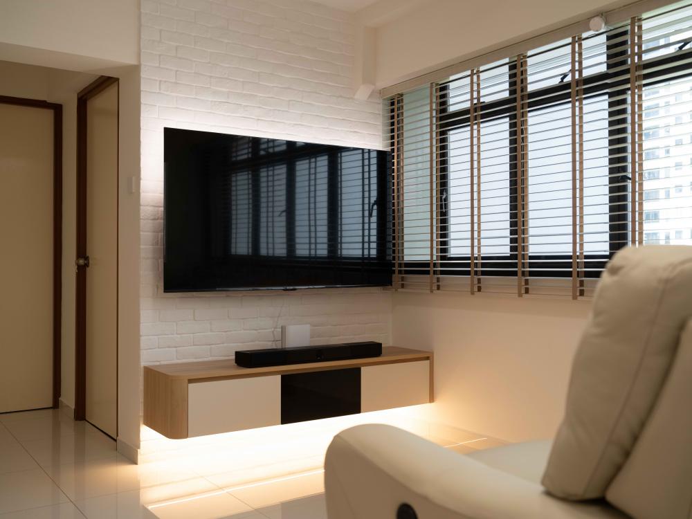 Scandinavian Living Room with TV Console and Feature Wall