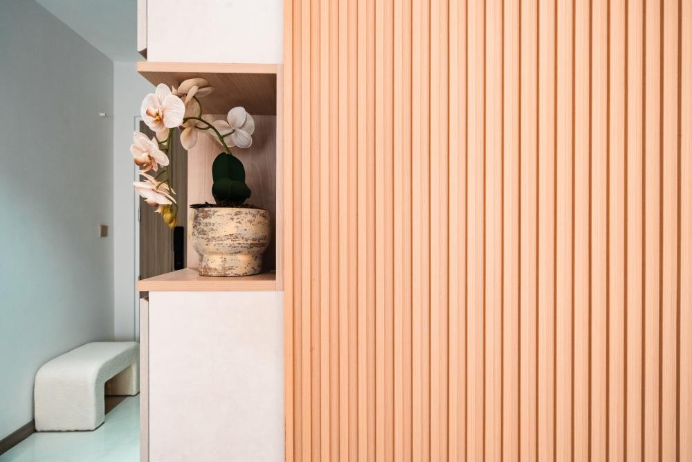 Minimalist Hallway with Feature Wall and Open Storage