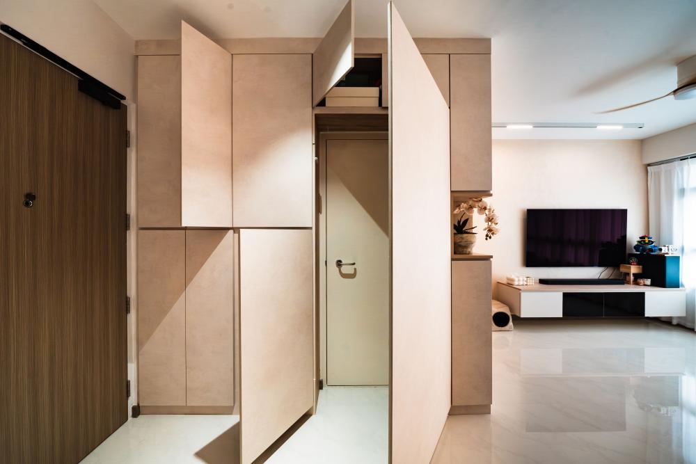Minimalist Storeroom with Storage Cabinets and Wall Shelves