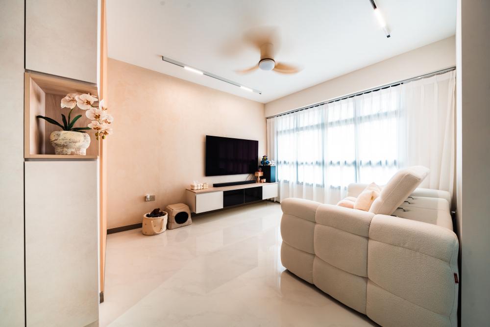 Minimalist Living Room with Marble Floor and TV Console