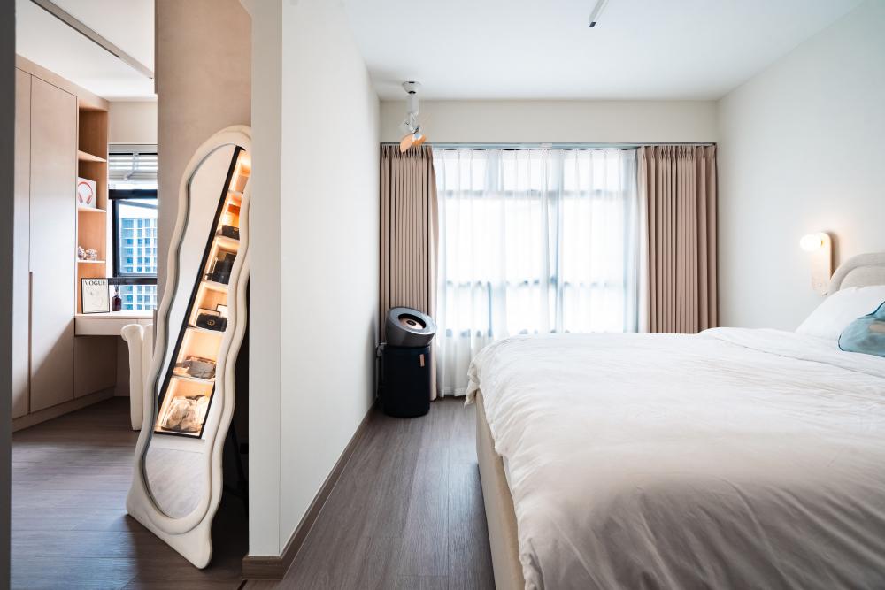 Minimalist Bedroom with Wood Flooring and Mirror