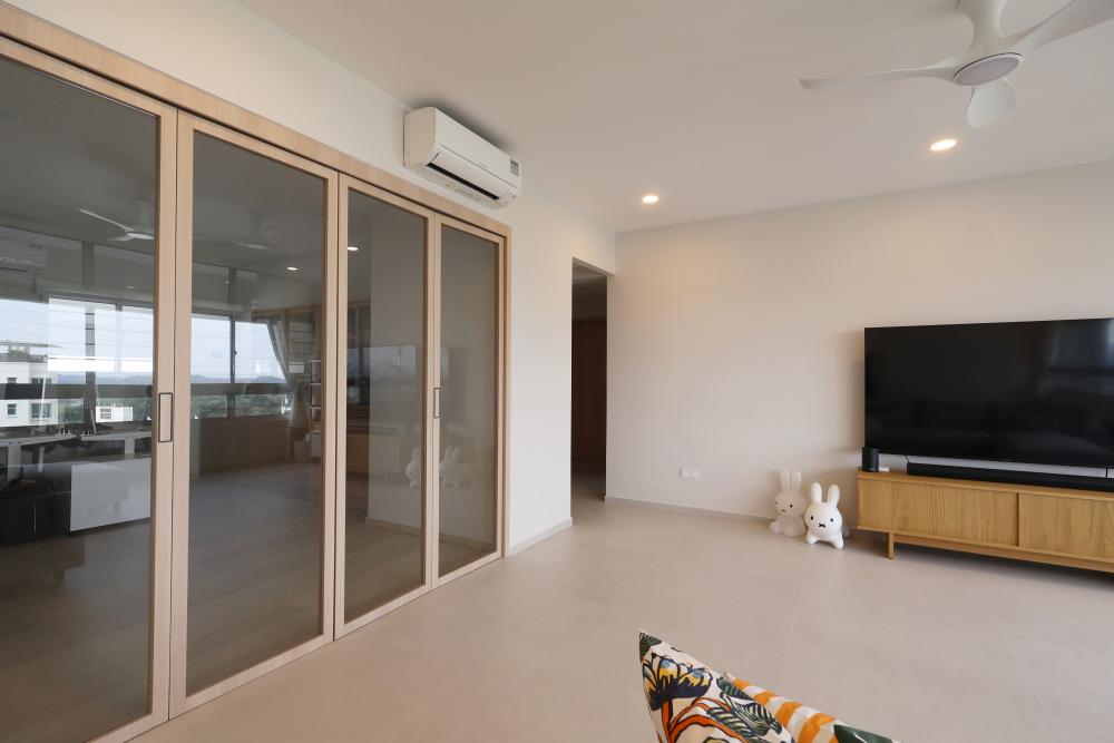 Minimalist Living Room with Homogeneous Tiles and Ceiling Light