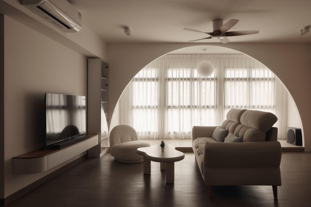 Scandinavian Living Room with TV Console and Ceiling Fan