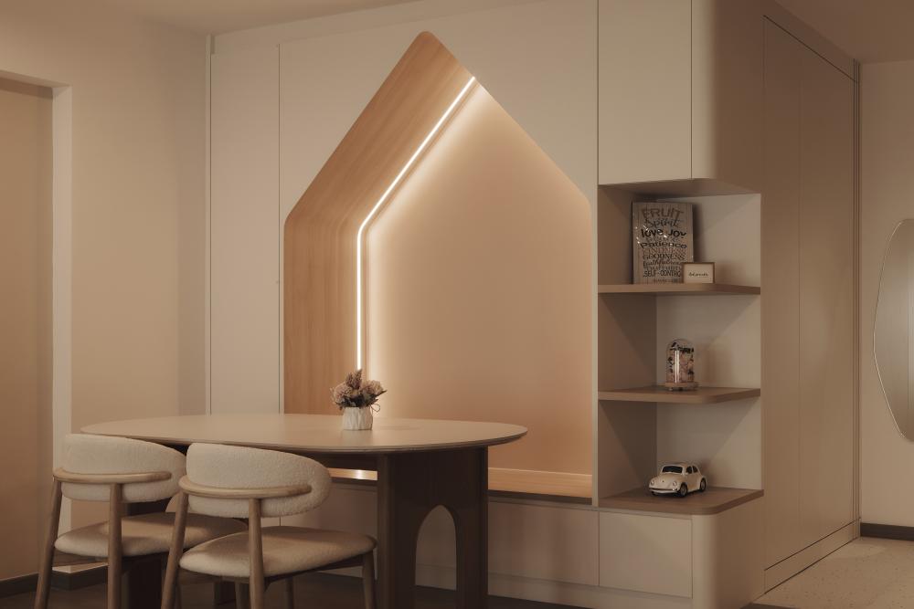 Scandinavian Dining Room with Cove Lighting and Dining Table