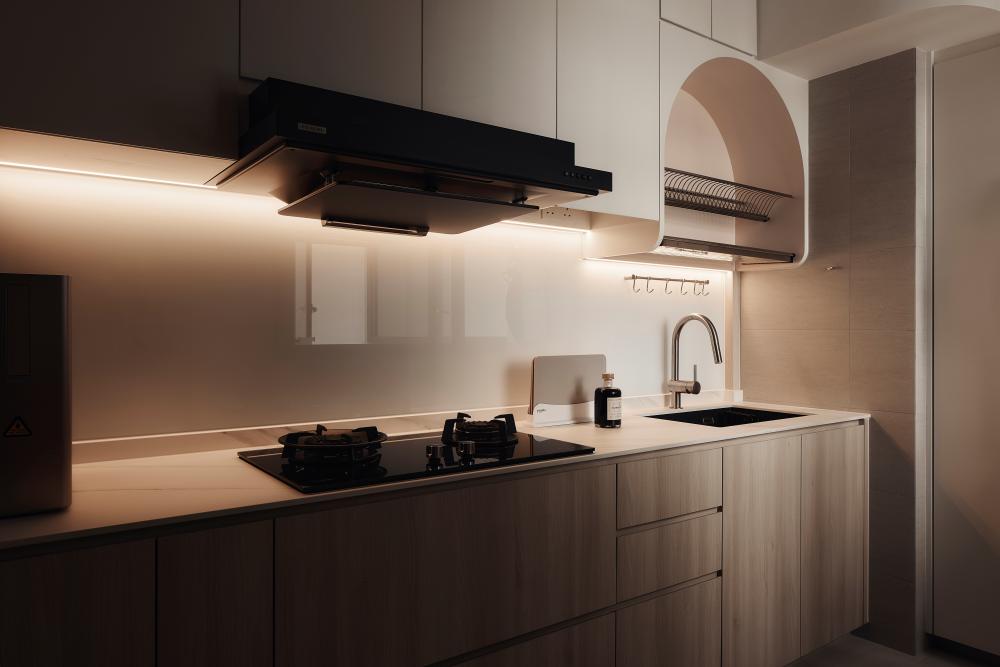 Scandinavian Kitchen with Countertop and Wood Flooring