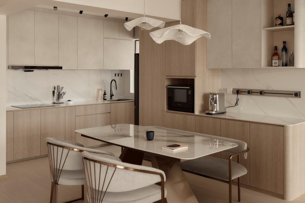 Scandinavian Dining Room with Open Kitchen and Dining Table
