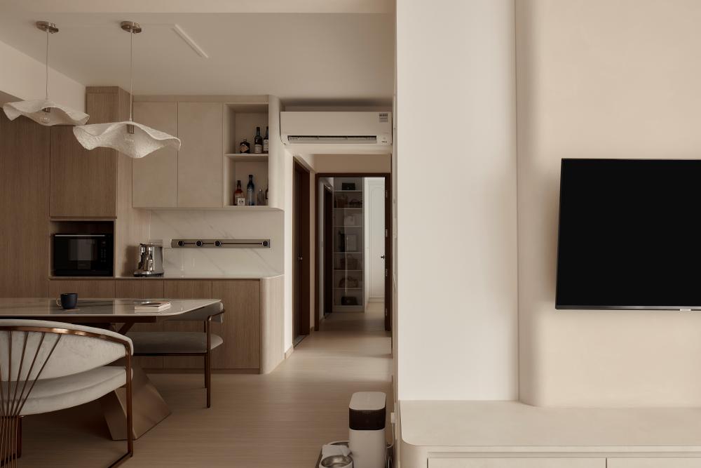 Scandinavian Living Room with Wood Flooring and TV Console