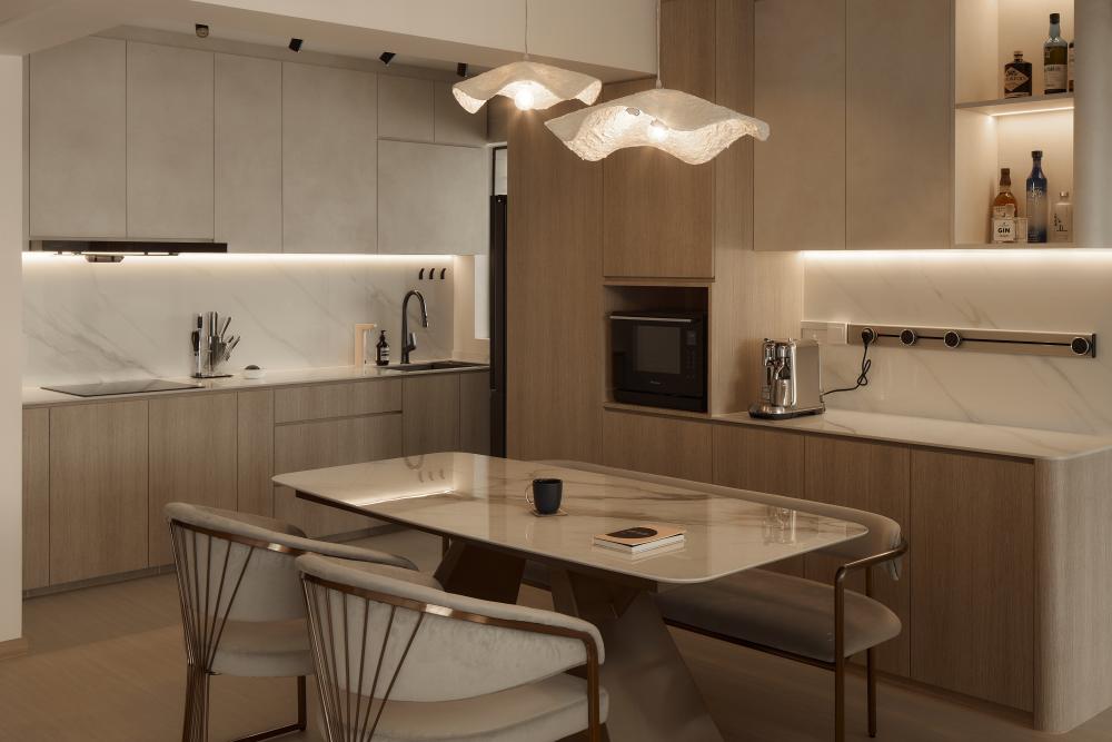 Scandinavian Dining Room with Ceiling Light and Dining Table