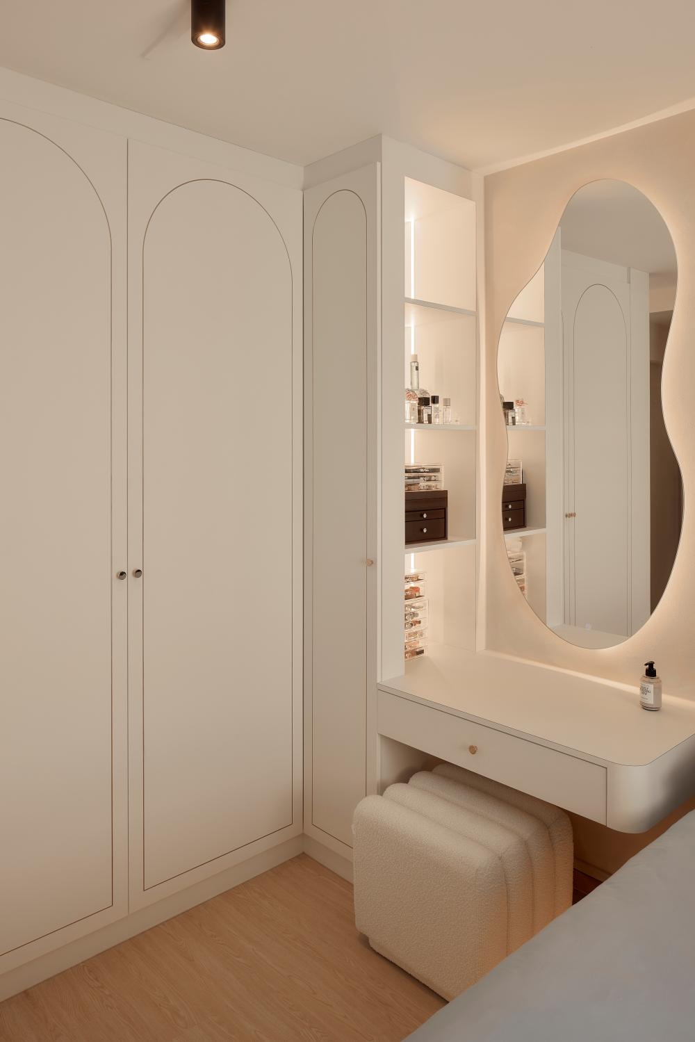 Scandinavian Bedroom with Wood Flooring and Mirror