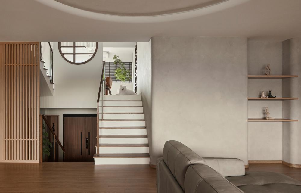 Asian Living Room with Wood Flooring and Sofa