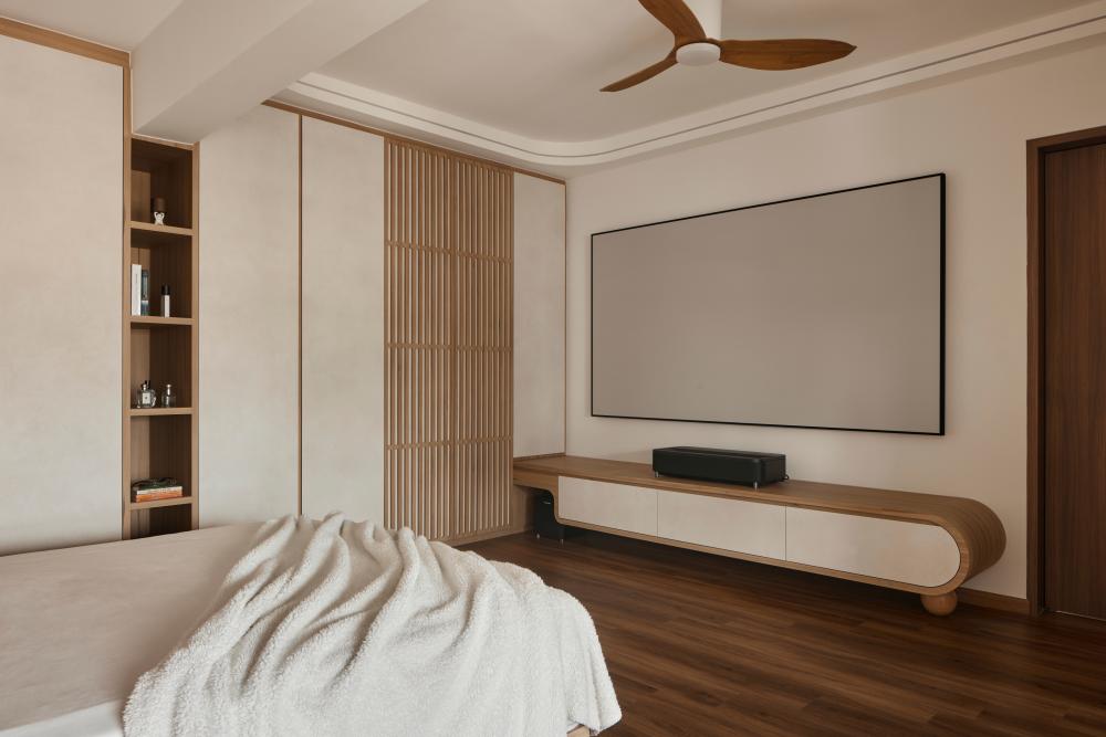 Asian Bedroom with Wood Flooring and Wardrobe