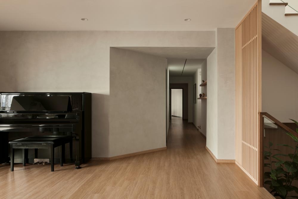 Asian Hallway with Ceiling Light and Display Cabinets
