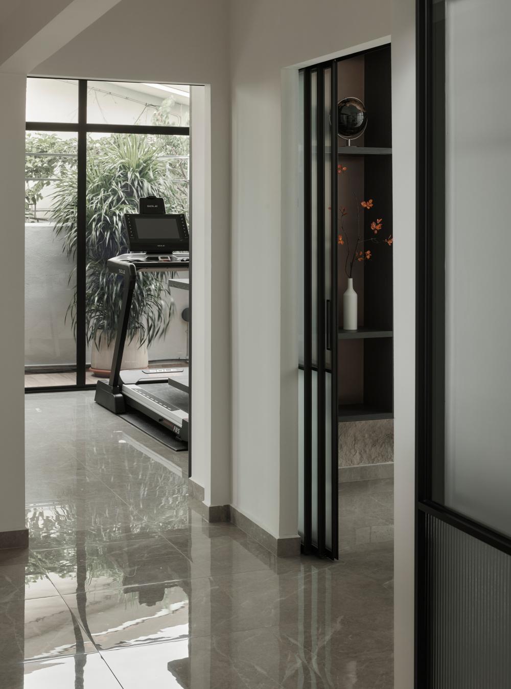 Asian Home Gym with Seating Bench and Storage Cabinets