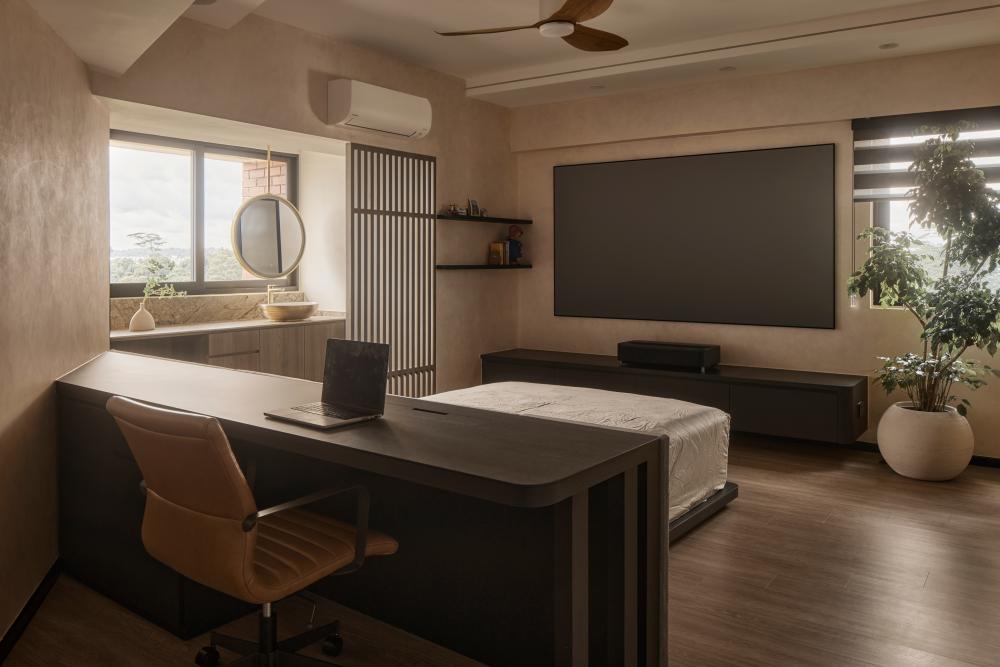 Asian Bedroom with Wood Flooring and TV Console