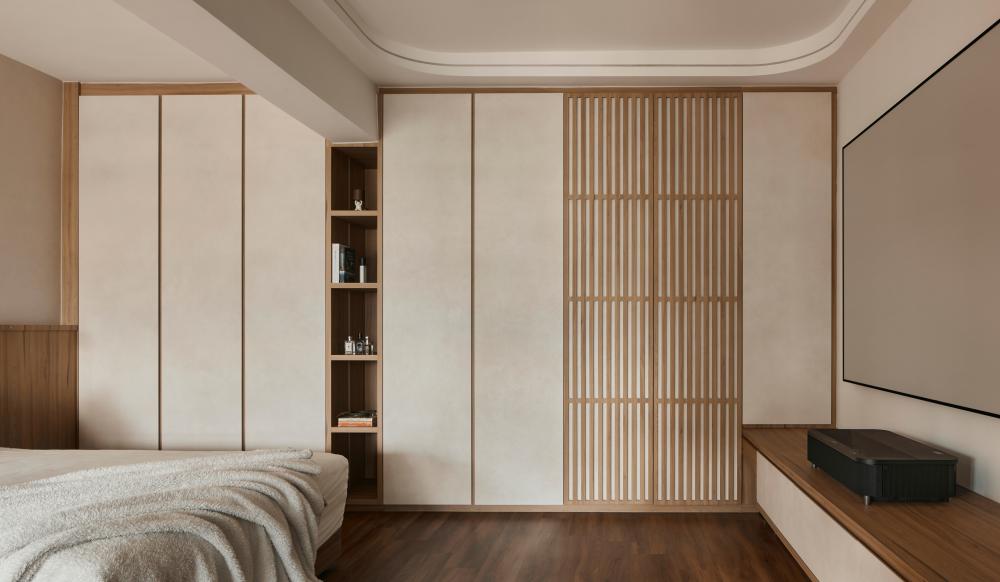 Asian Bedroom with Wood Flooring and Ceiling Light