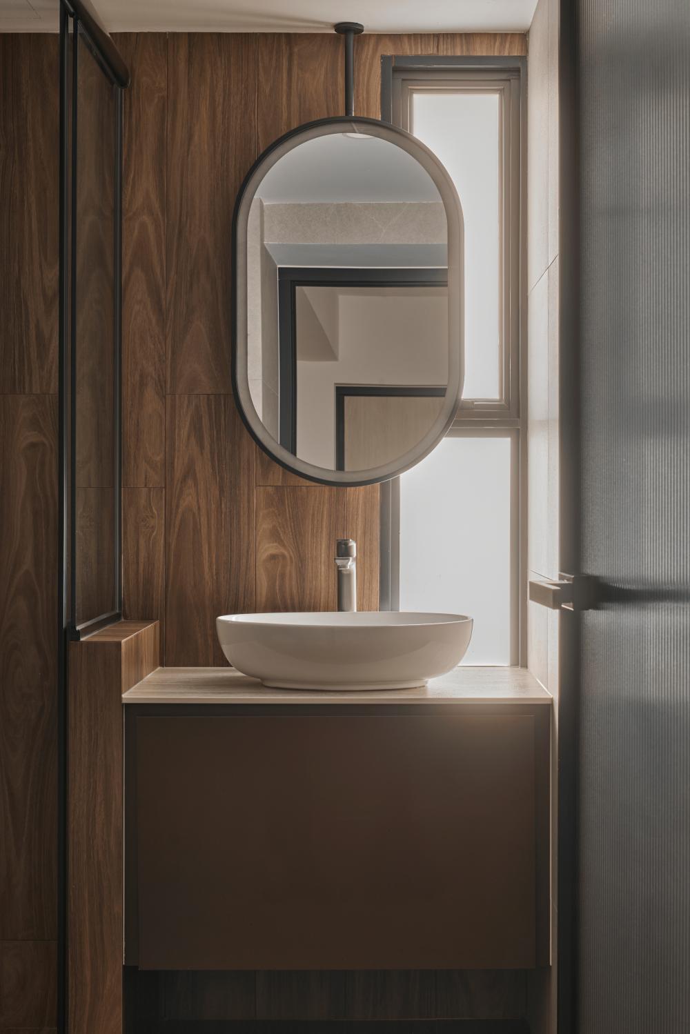 Asian Bathroom with Countertop and Mirror