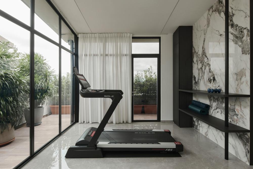 Asian Home Gym with Seating Bench and Storage Cabinets