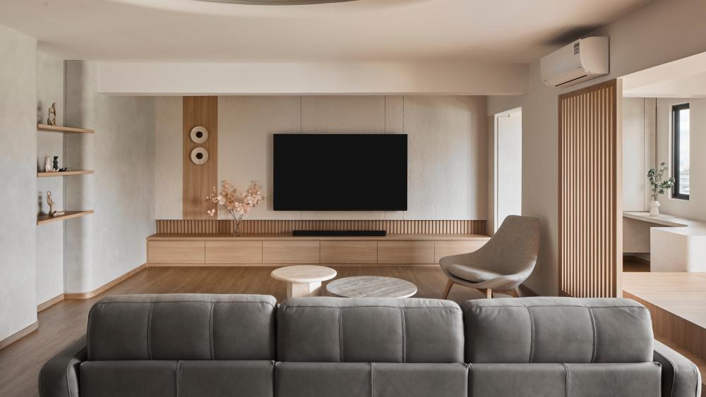 Asian Living Room with Wood Flooring and TV Console