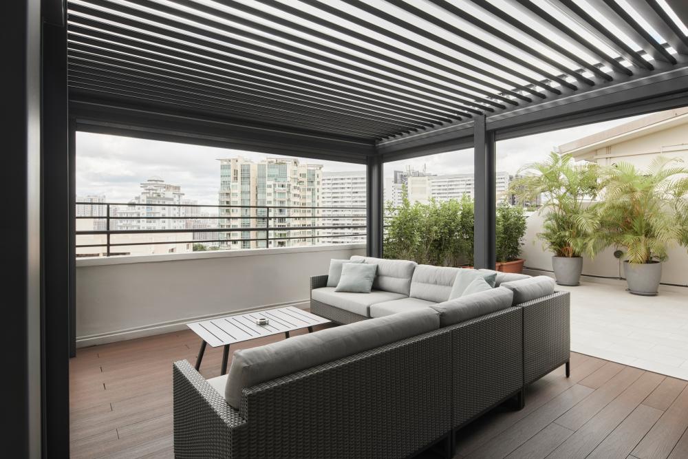 Asian Rooftop with Outdoor Table and Outdoor Cushions