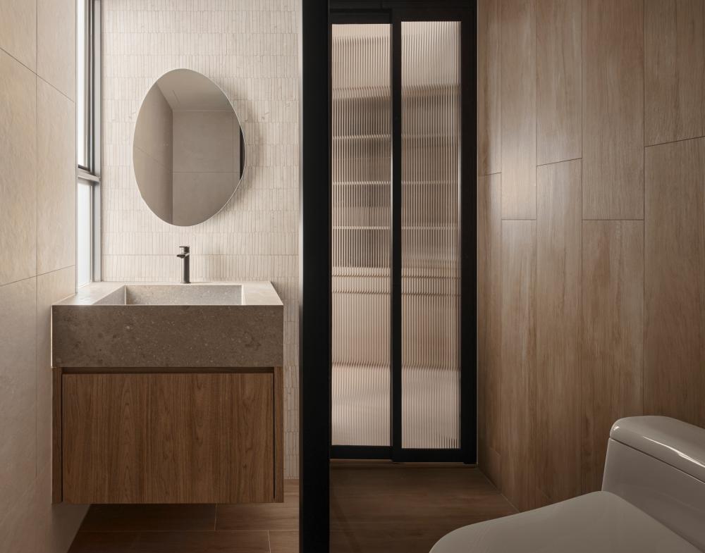 Asian Bathroom with Countertop and Mirror