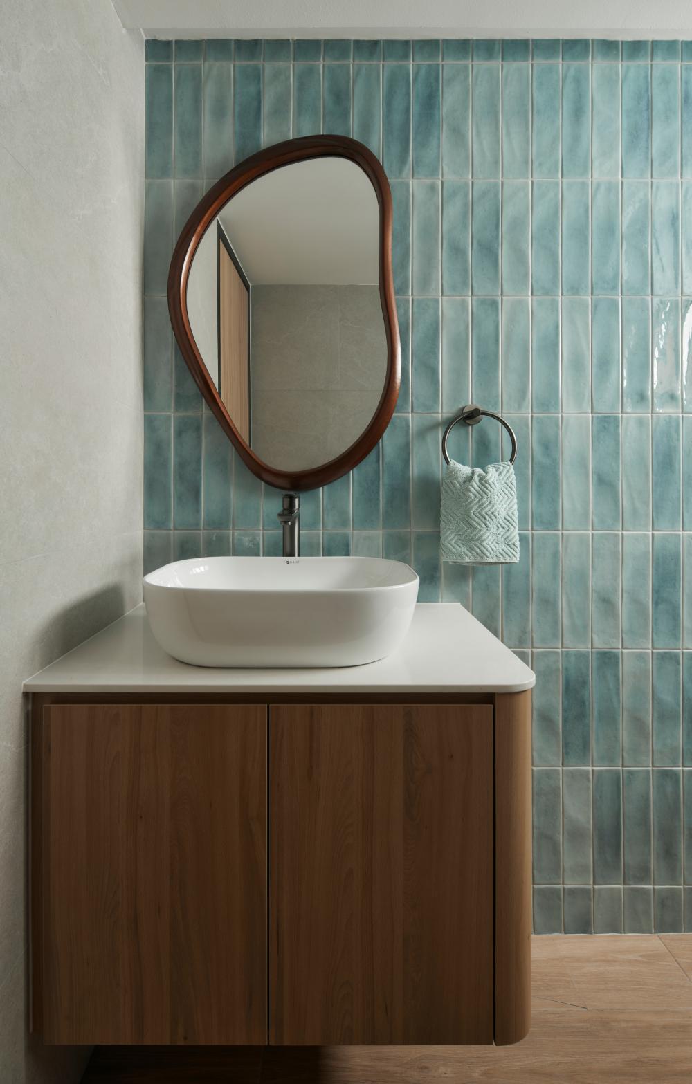 Asian Bathroom with Countertop and Mirror