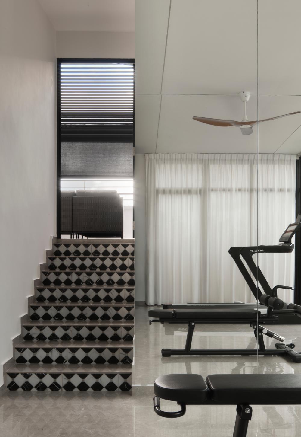 Asian Home Gym with Seating Bench and Storage Cabinets