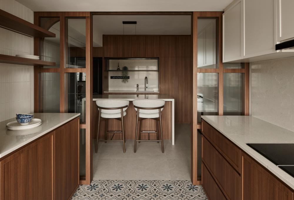 Asian Kitchen with Countertop and Kitchen Island