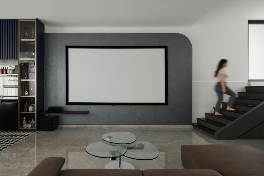 Asian Living Room with Granite Floor and TV Console