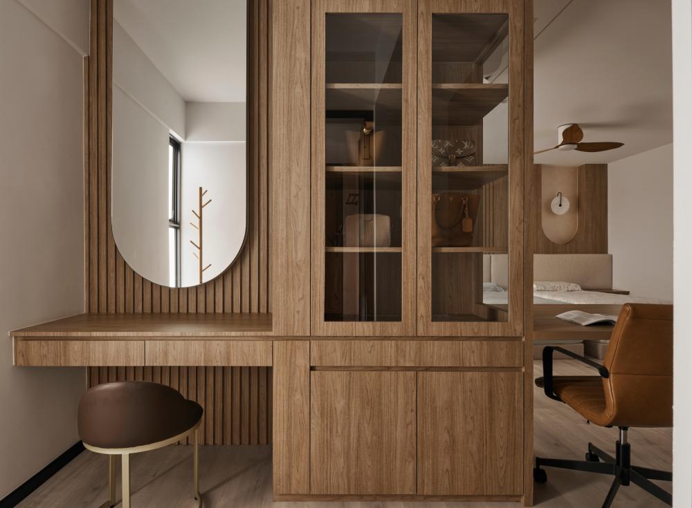 Asian Bedroom with Mirror and Storage Cabinets
