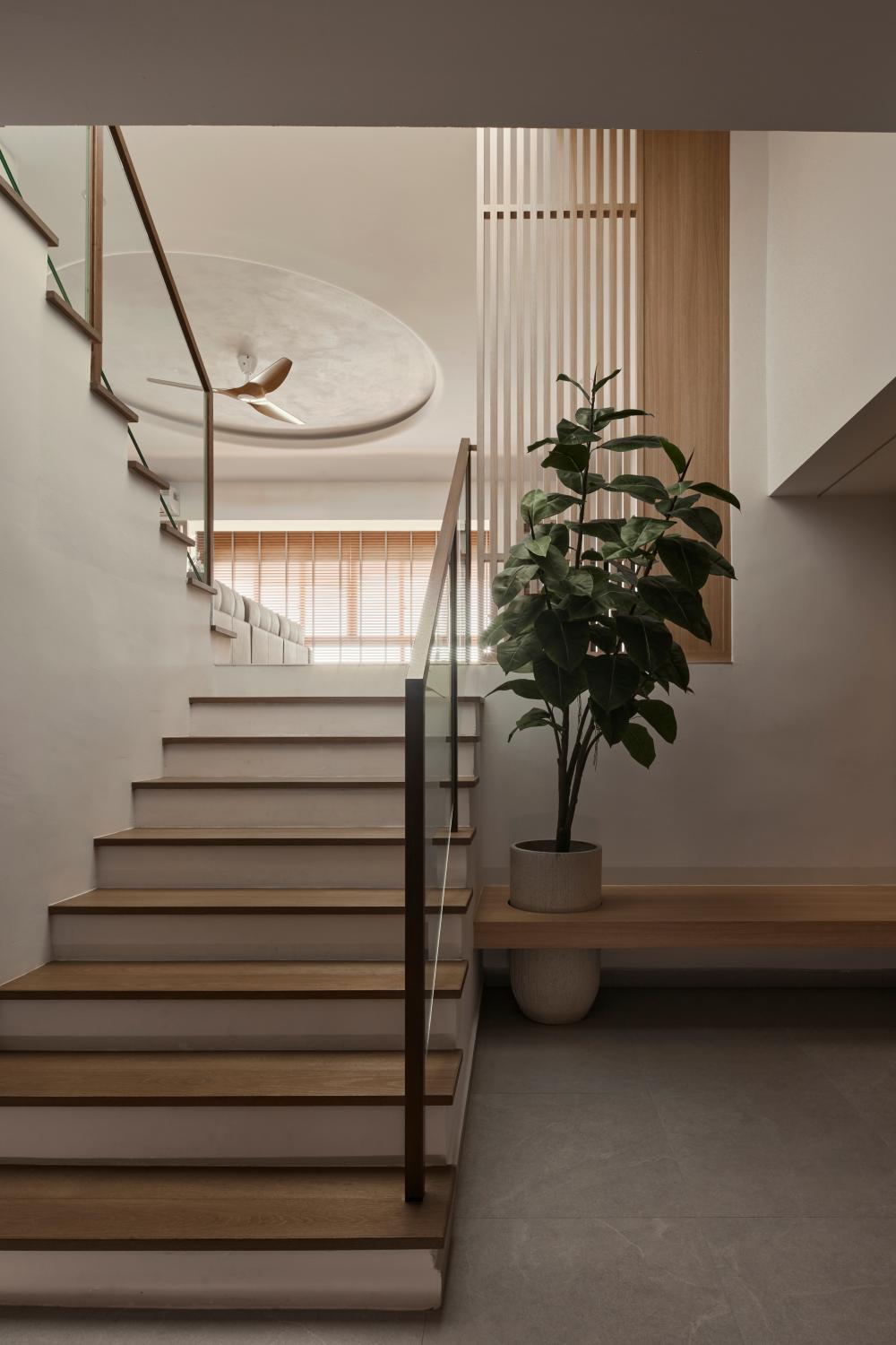Asian Entryway with Seating Bench and Shoe Cabinets