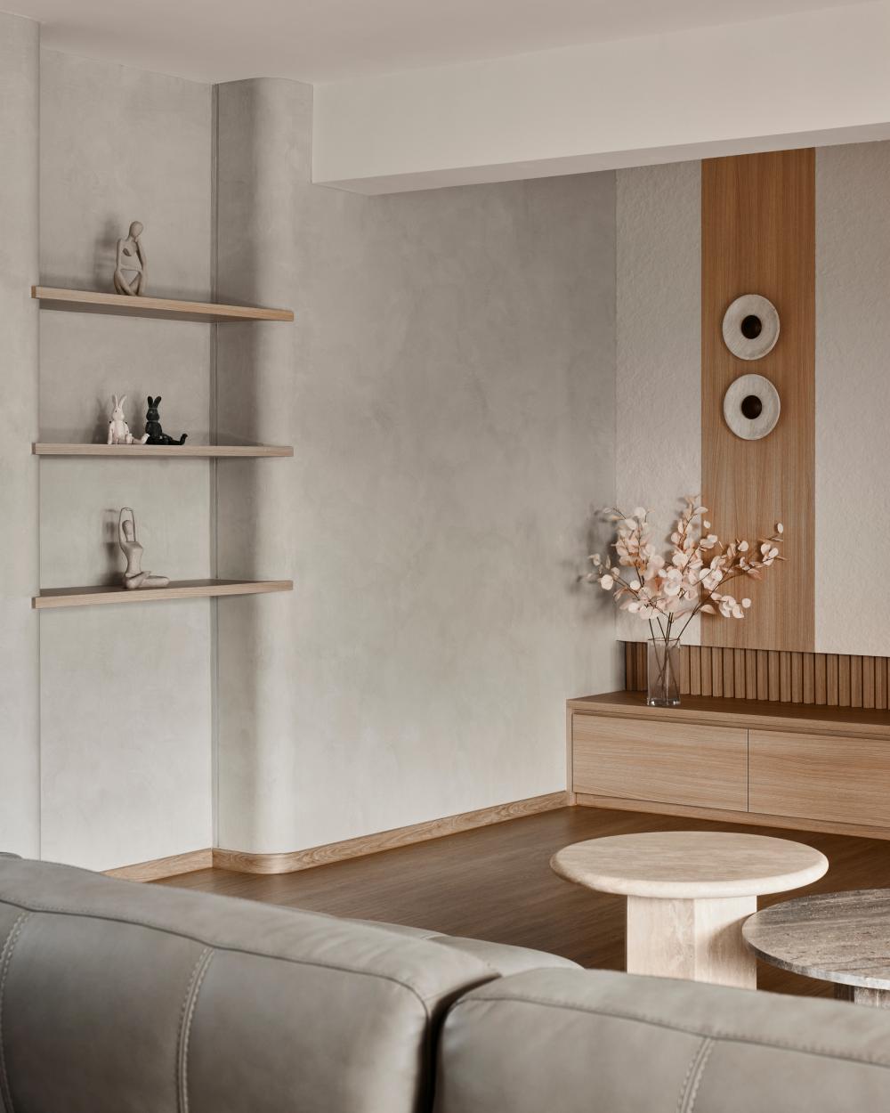 Asian Living Room with Wood Flooring and TV Console