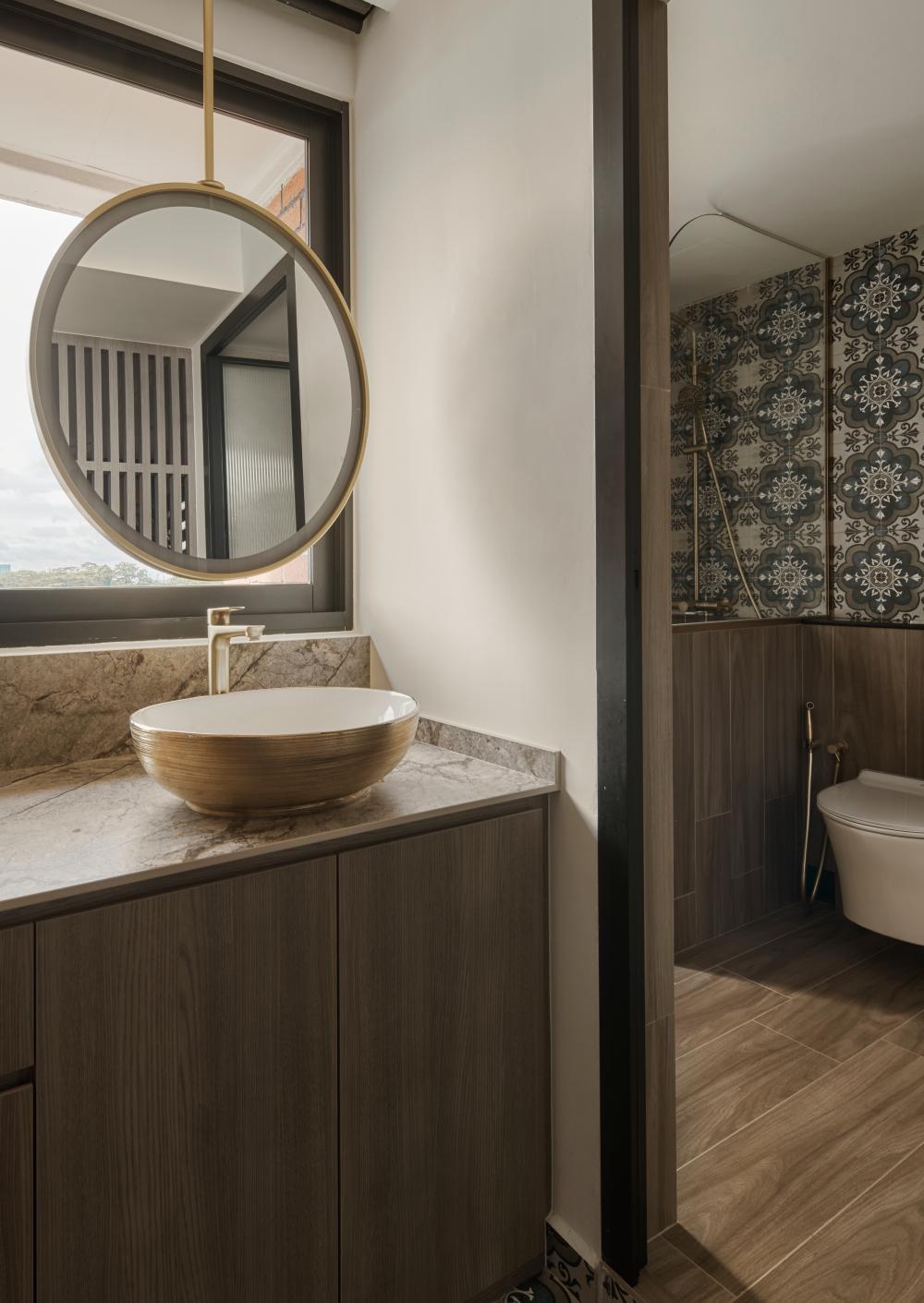 Asian Bathroom with Countertop and Wood Flooring