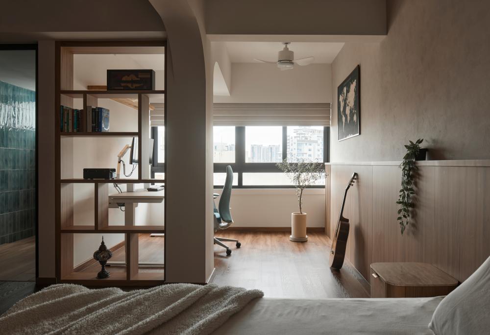 Asian Bedroom with Wood Flooring and Queen Bed