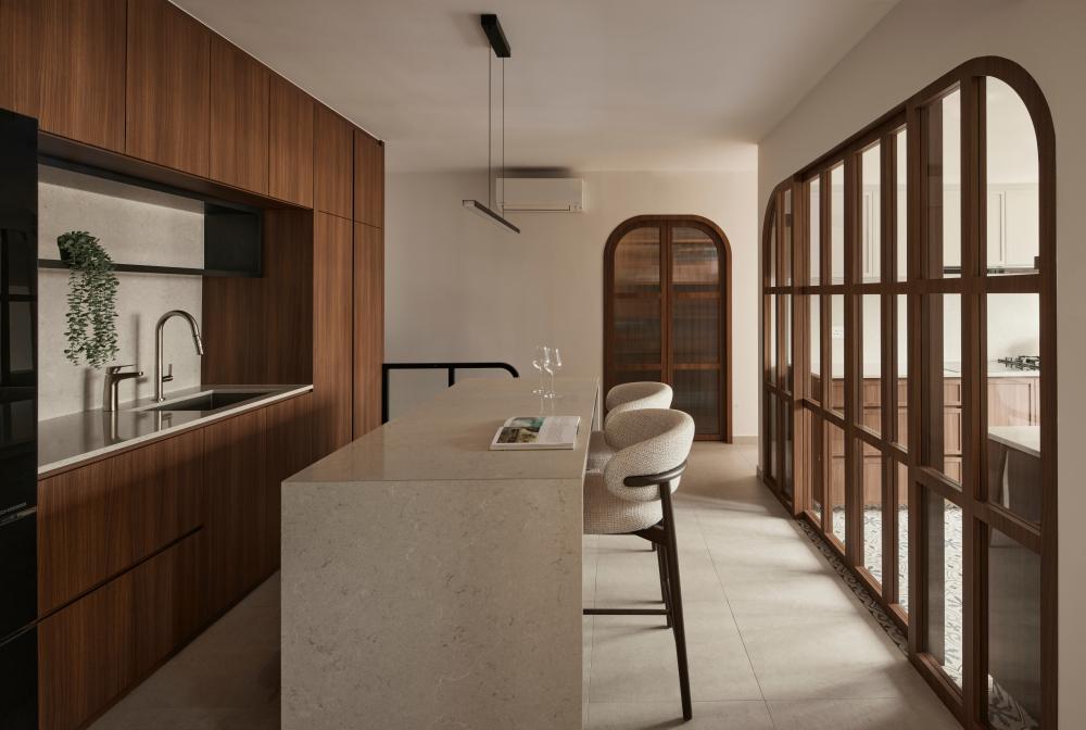 Asian Kitchen with Countertop and Marble Floor