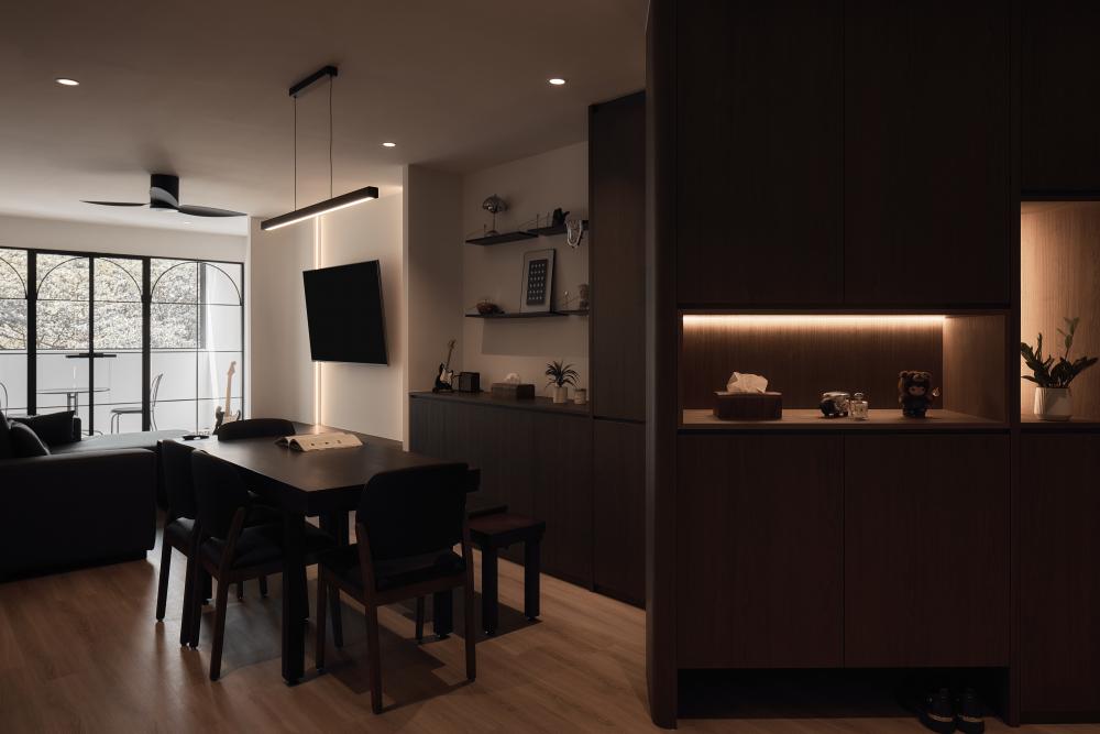 Contemporary Entryway with Dining Chairs and Storage Cabinets
