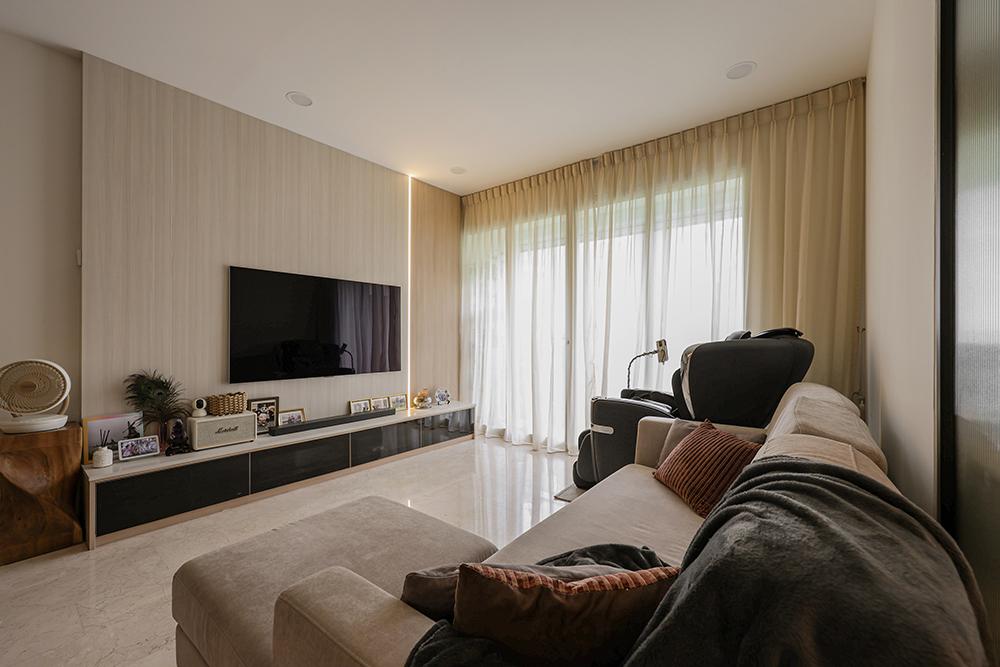 Scandinavian Living Room with TV Console and Feature Wall