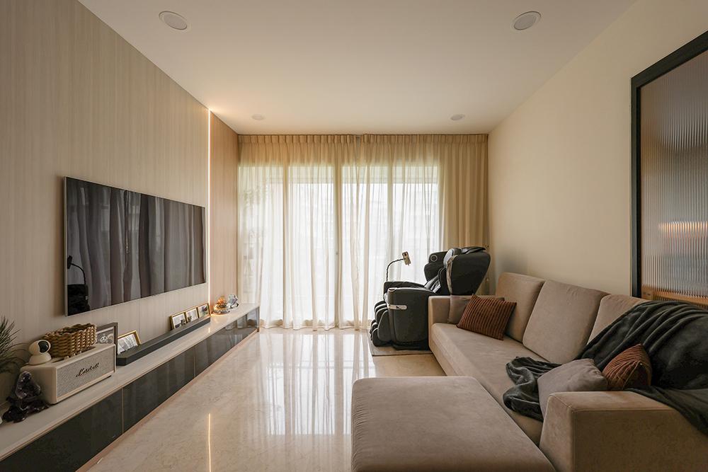 Scandinavian Living Room with TV Console and Feature Wall
