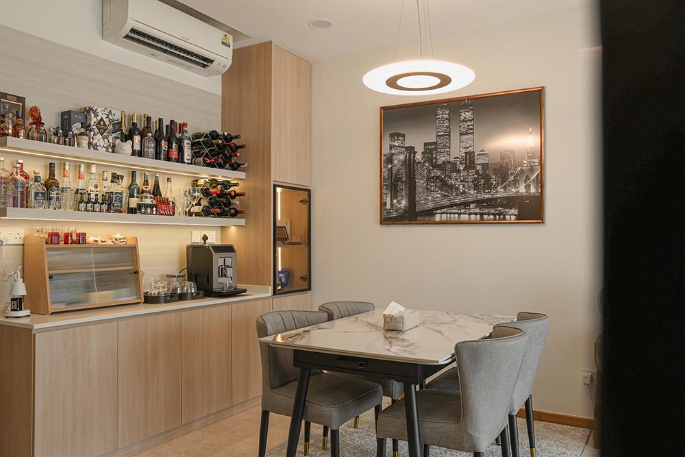 Scandinavian Dining Room with Dining Table and Storage Cabinets