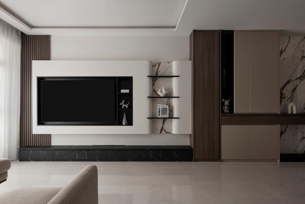 Contemporary Living Room with Marble Floor and TV Console