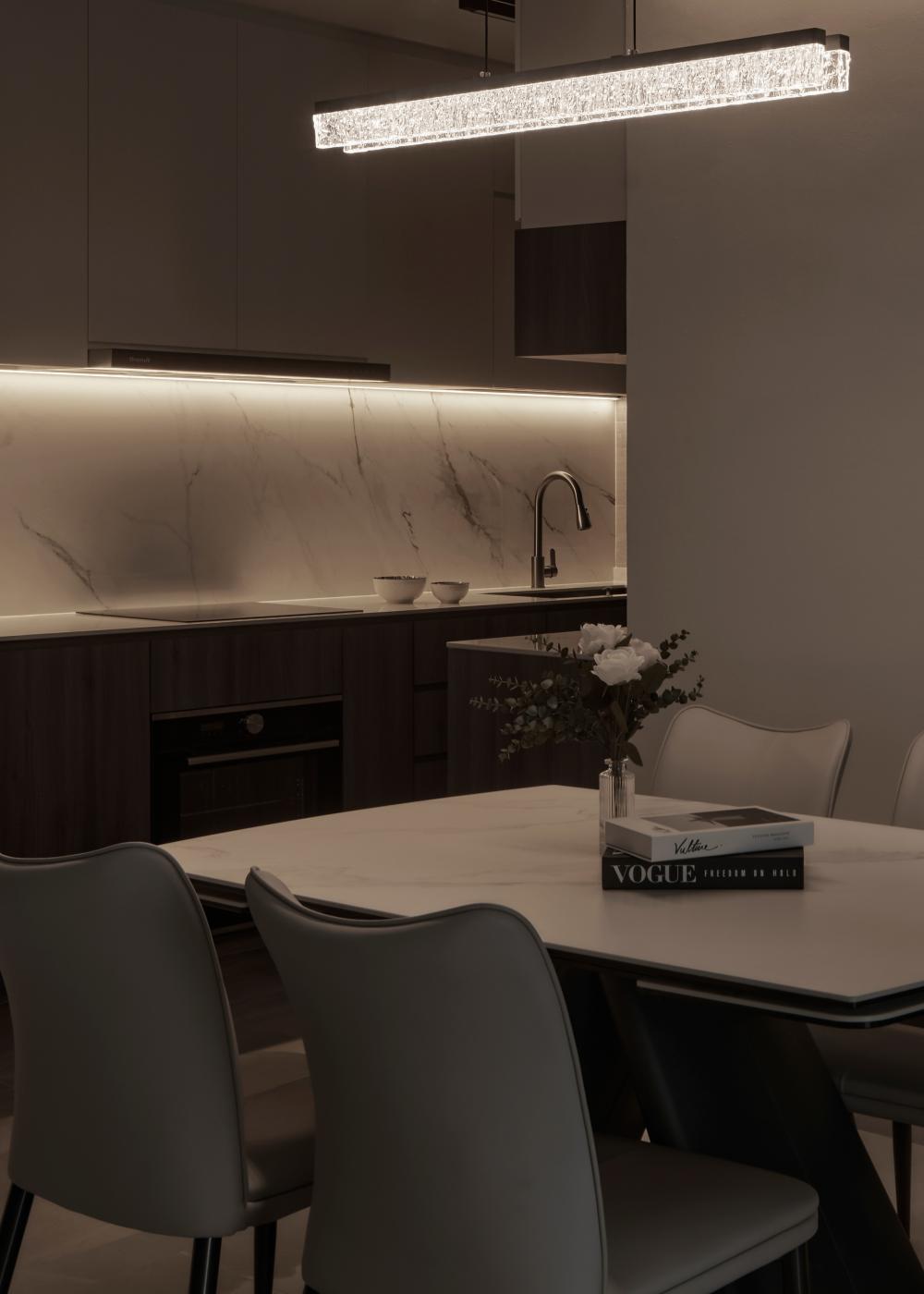 Contemporary Dining Room with Drop Light and Dining Table