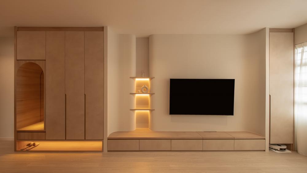 Scandinavian Living Room with Wood Flooring and TV Console