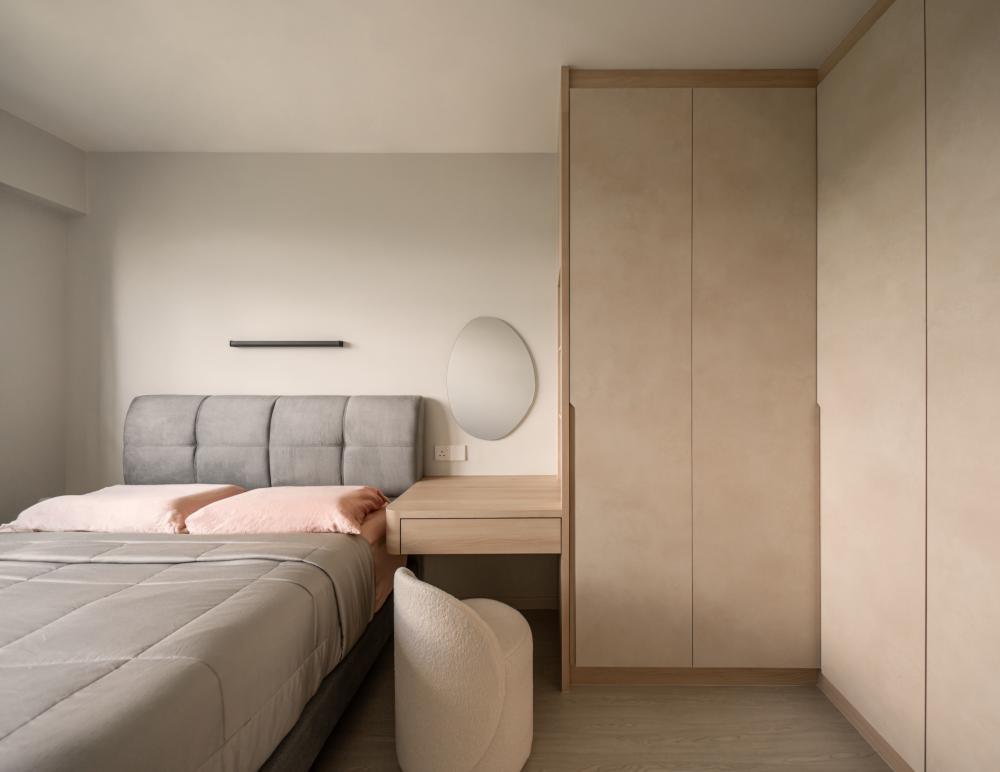 Scandinavian Bedroom with Wood Flooring and Wardrobe