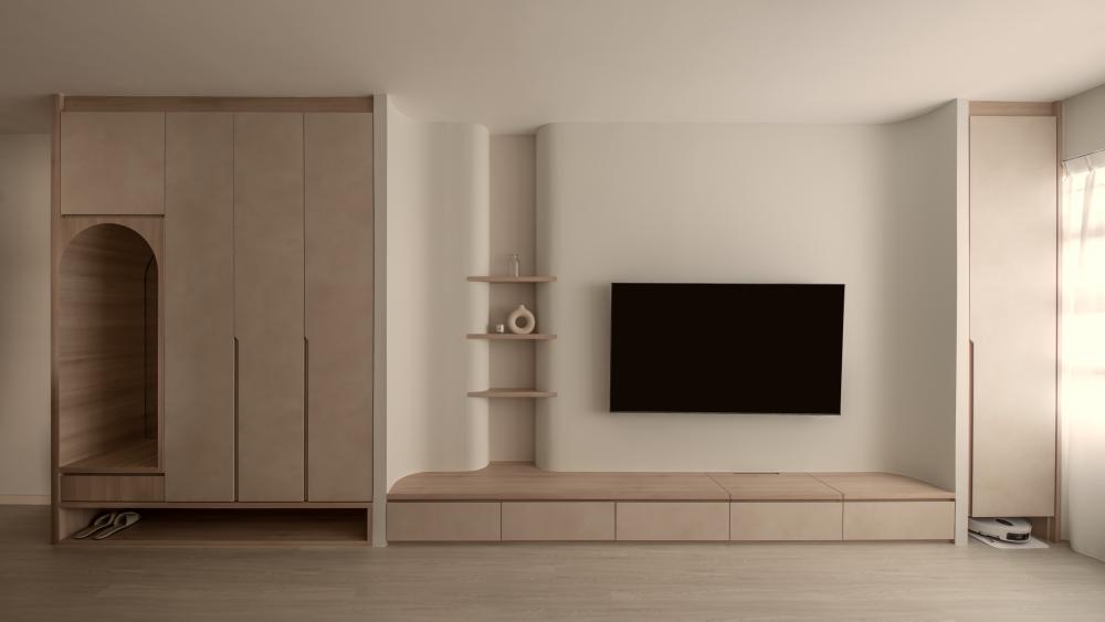 Scandinavian Living Room with Wood Flooring and TV Console